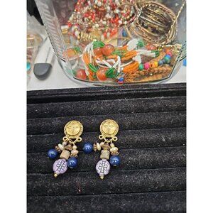 Earrings Pierced Dangle Posts Blue Beads Gold-tone Faux Pearl